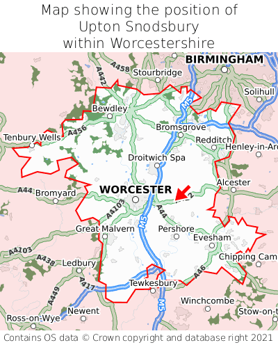 Map showing location of Upton Snodsbury within Worcestershire