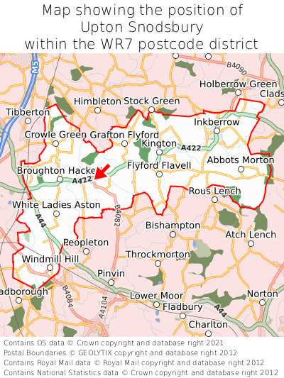Map showing location of Upton Snodsbury within WR7