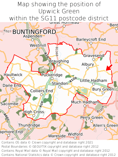 Map showing location of Upwick Green within SG11