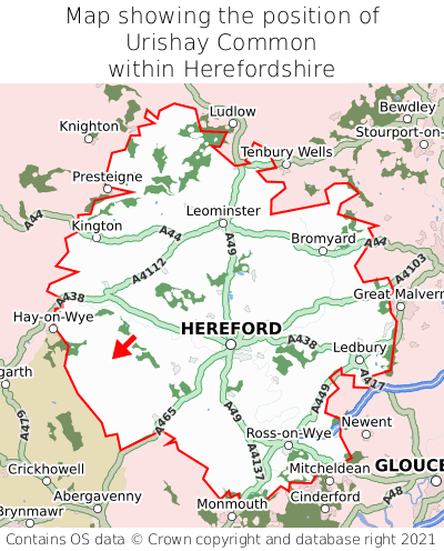 Map showing location of Urishay Common within Herefordshire