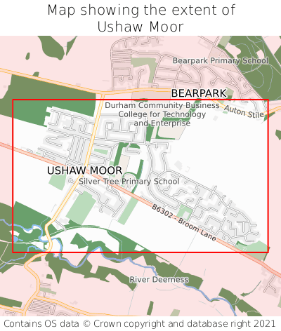 Map showing extent of Ushaw Moor as bounding box