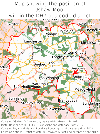 Map showing location of Ushaw Moor within DH7