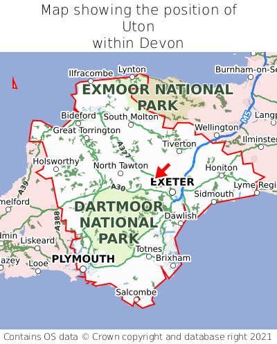 Map showing location of Uton within Devon