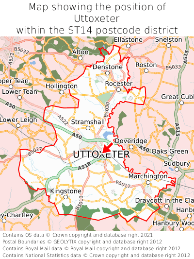 Map showing location of Uttoxeter within ST14