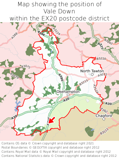 Map showing location of Vale Down within EX20