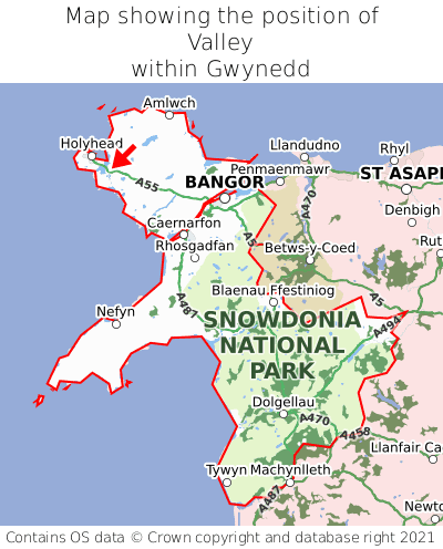 Map showing location of Valley within Gwynedd