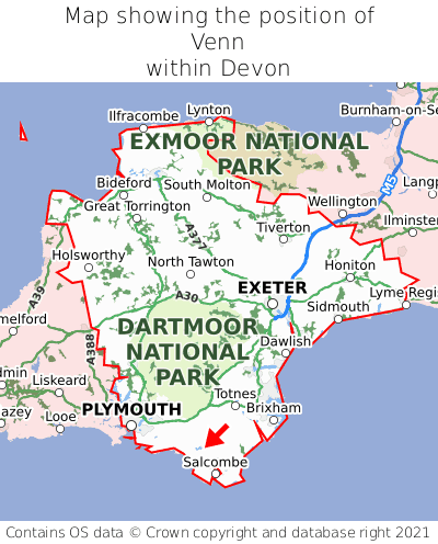 Map showing location of Venn within Devon