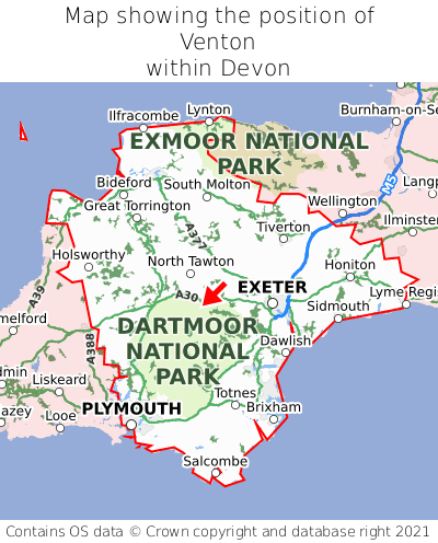 Map showing location of Venton within Devon