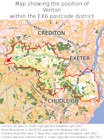 Map showing location of Venton within EX6