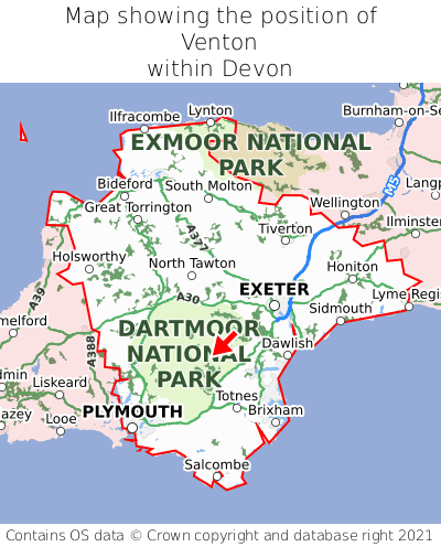 Map showing location of Venton within Devon