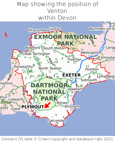 Map showing location of Venton within Devon