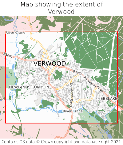 Map showing extent of Verwood as bounding box