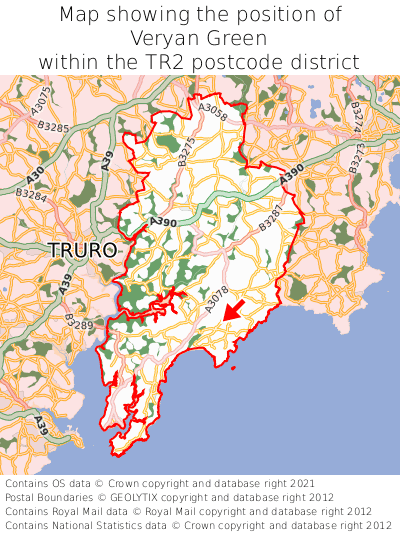 Map showing location of Veryan Green within TR2