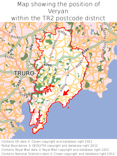 Map showing location of Veryan within TR2