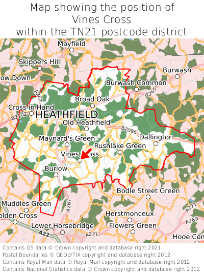 Map showing location of Vines Cross within TN21