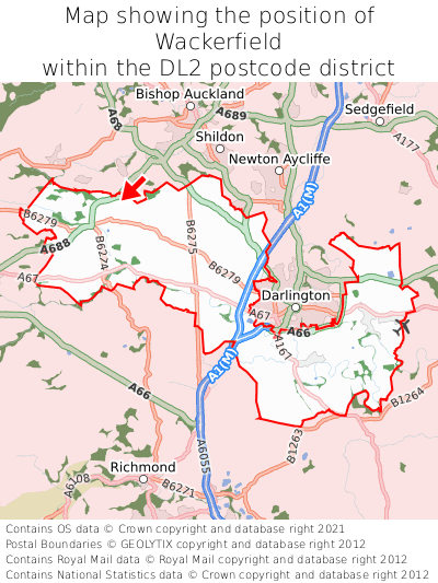 Map showing location of Wackerfield within DL2