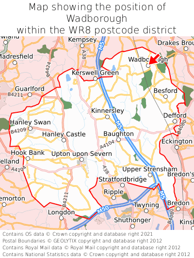 Map showing location of Wadborough within WR8