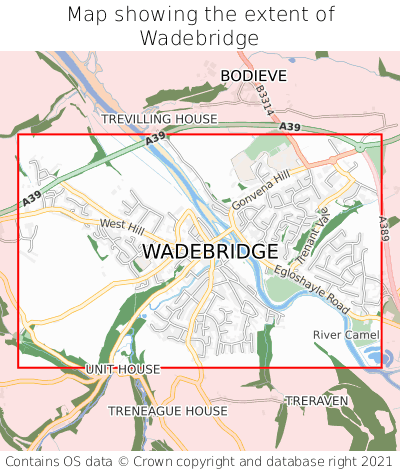 Map showing extent of Wadebridge as bounding box