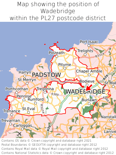 Map showing location of Wadebridge within PL27