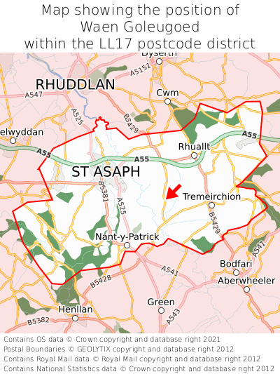 Map showing location of Waen Goleugoed within LL17