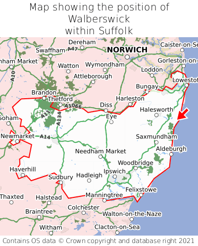 Map showing location of Walberswick within Suffolk