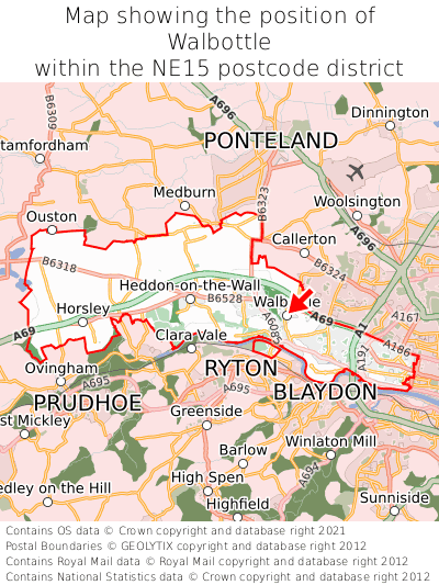 Map showing location of Walbottle within NE15