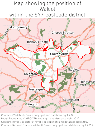 Map showing location of Walcot within SY7