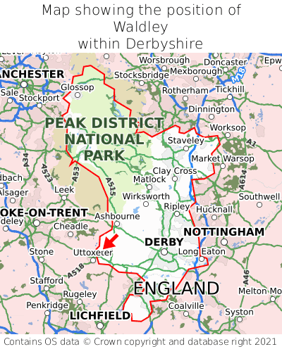 Map showing location of Waldley within Derbyshire