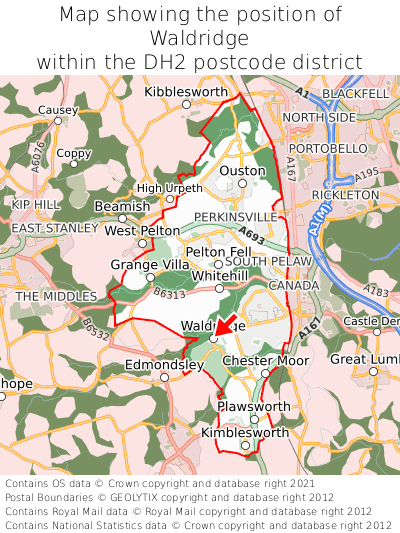 Map showing location of Waldridge within DH2