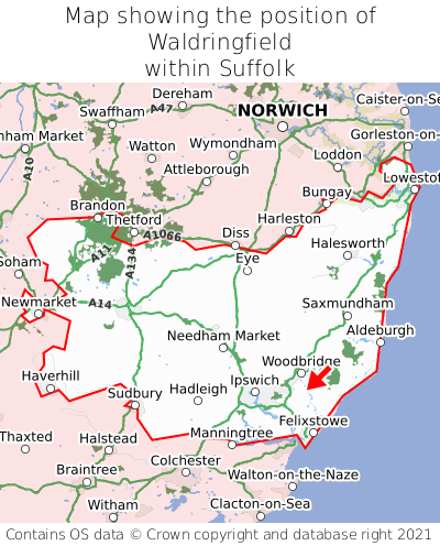 Map showing location of Waldringfield within Suffolk