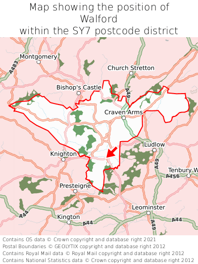 Map showing location of Walford within SY7