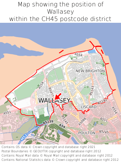Map showing location of Wallasey within CH45