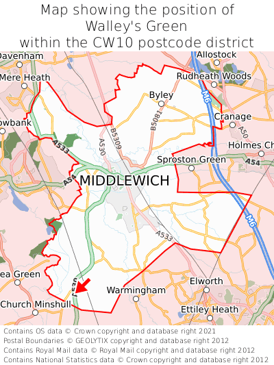 Map showing location of Walley's Green within CW10