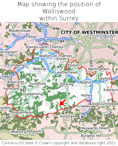 Map showing location of Walliswood within Surrey