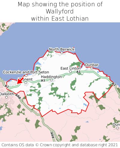 Map showing location of Wallyford within East Lothian