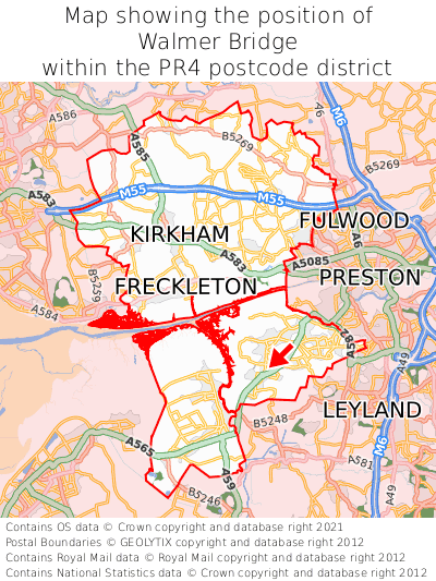 Map showing location of Walmer Bridge within PR4
