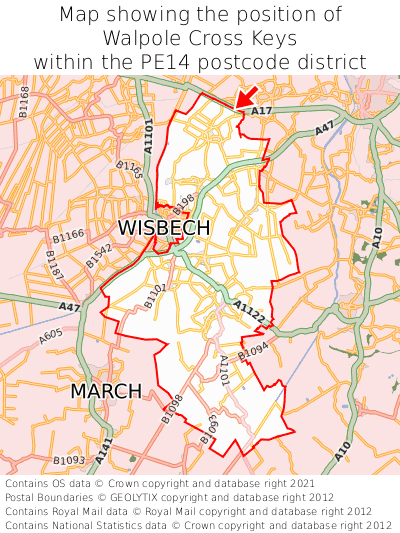 Map showing location of Walpole Cross Keys within PE14