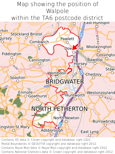 Map showing location of Walpole within TA6