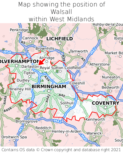 Map showing location of Walsall within West Midlands