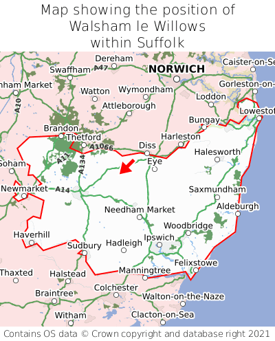Map showing location of Walsham le Willows within Suffolk