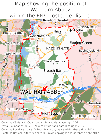 Map showing location of Waltham Abbey within EN9