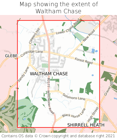 Map showing extent of Waltham Chase as bounding box
