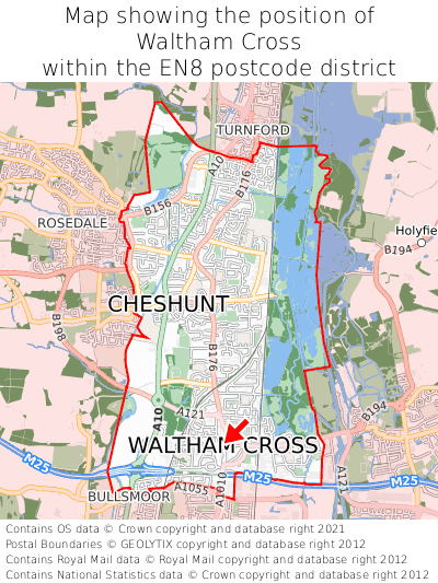 Map showing location of Waltham Cross within EN8