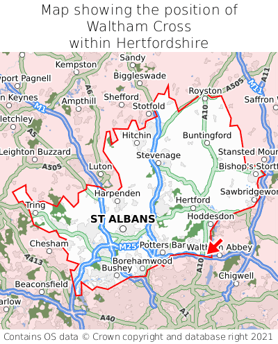 Map showing location of Waltham Cross within Hertfordshire