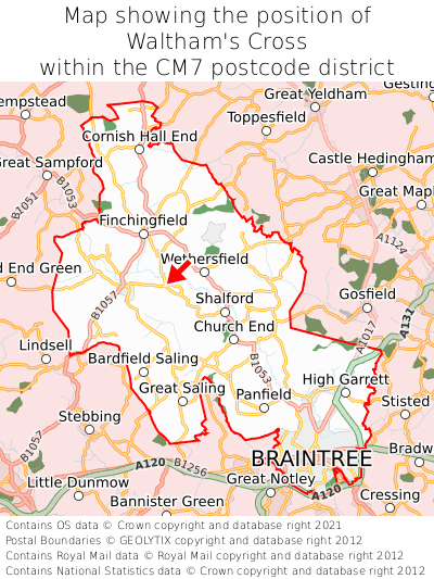 Map showing location of Waltham's Cross within CM7