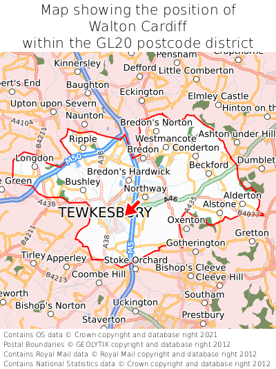 Map showing location of Walton Cardiff within GL20