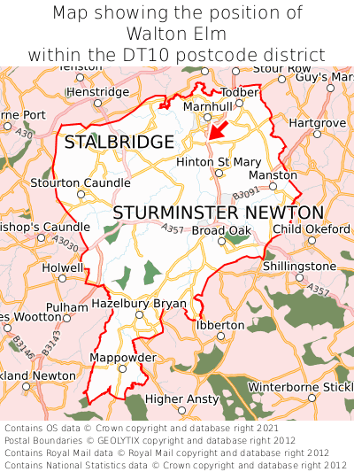 Map showing location of Walton Elm within DT10