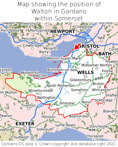 Map showing location of Walton in Gordano within Somerset
