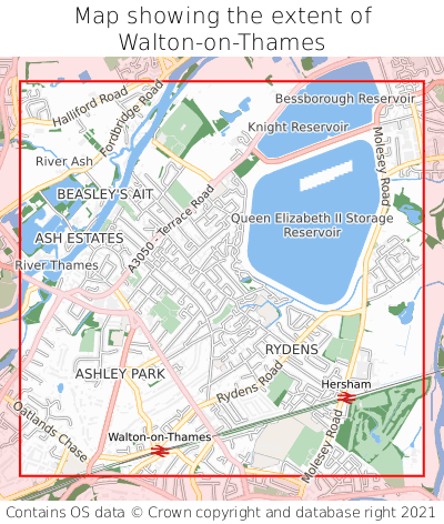 Map showing extent of Walton-on-Thames as bounding box