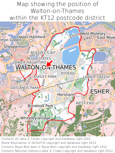 Map showing location of Walton-on-Thames within KT12